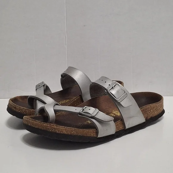 Birkenstock Mayari Sandals Womens  US 5.0 -5.5 Silver Leather Toe Loop Cork Sole - Picture 2 of 7